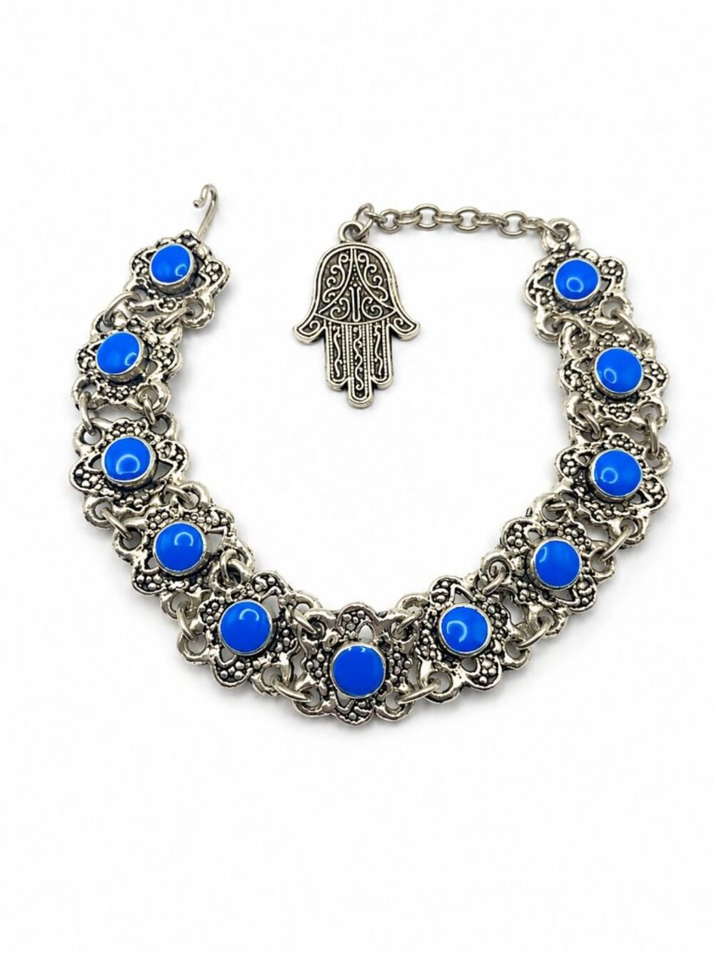 Vintage Silver Tone Blue Cabochon Hamsa Bracelet Adjustable 7-8.5”